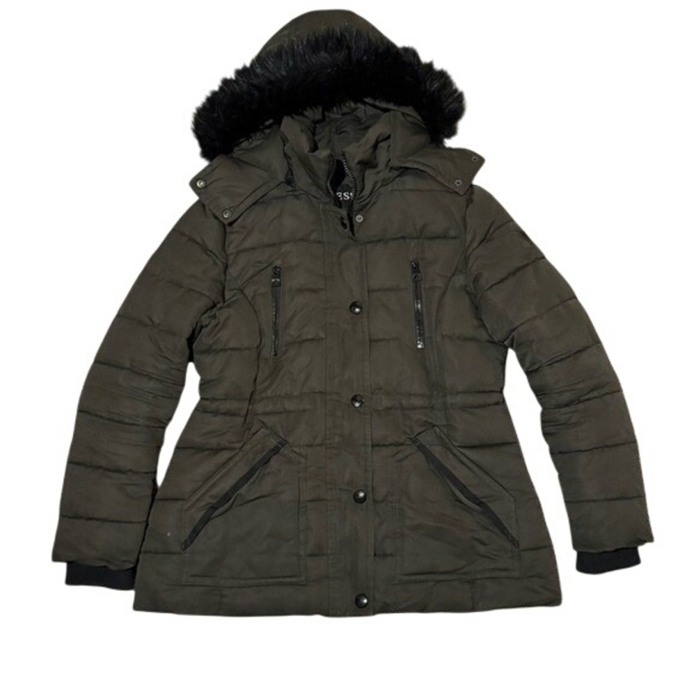 Guess Womens Olive Green Quilted Puffer Jacket Faux Fur Hood Winter Coat